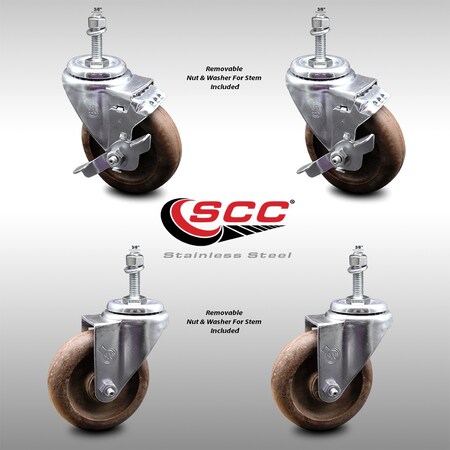 Service Caster 4 Inch SS High Temp Glass Filled Nylon 3/8 Inch Threaded Stem Caster Brake, 2PK SCC-SSTS20S414-GFNSHT-381615-2-TLB-2